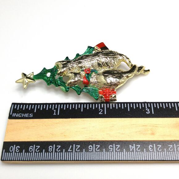 Vintage Signed Christmas Tree & Cats Brooch, Gold Plated, Book Piece - Picture 6 of 10